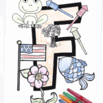 Letter F coloring sheet featuring a large outlined letter F with colored-in images of a frog, fish, flower, flag, fireworks, and crayons on the side. Text reads "Free Printable Letter F Coloring Sheet."