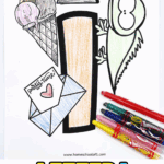 Letter I coloring page with fun images of ice cream, iguana, iron, and invitation, designed for preschool letter recognition.