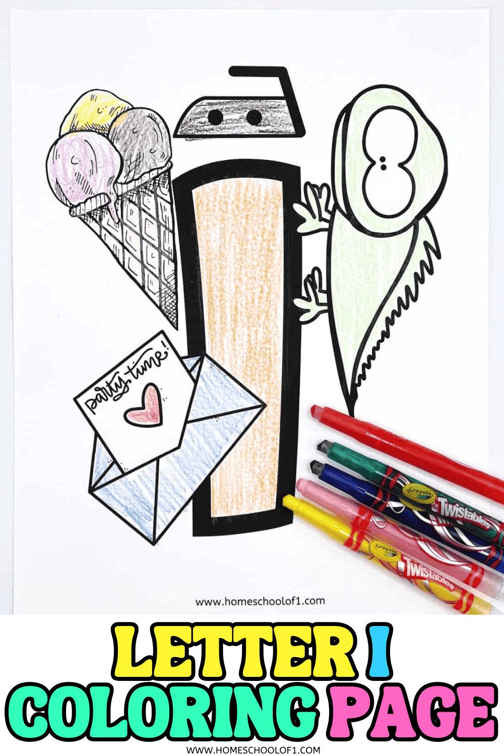 Letter I coloring page with fun images of ice cream, iguana, iron, and invitation, designed for preschool letter recognition.

