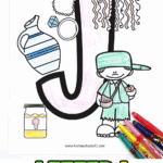 Printable letter J coloring sheet for preschool featuring alphabet J with pictures of jam, jug, jewelry, jellyfish, and Johnny Appleseed.