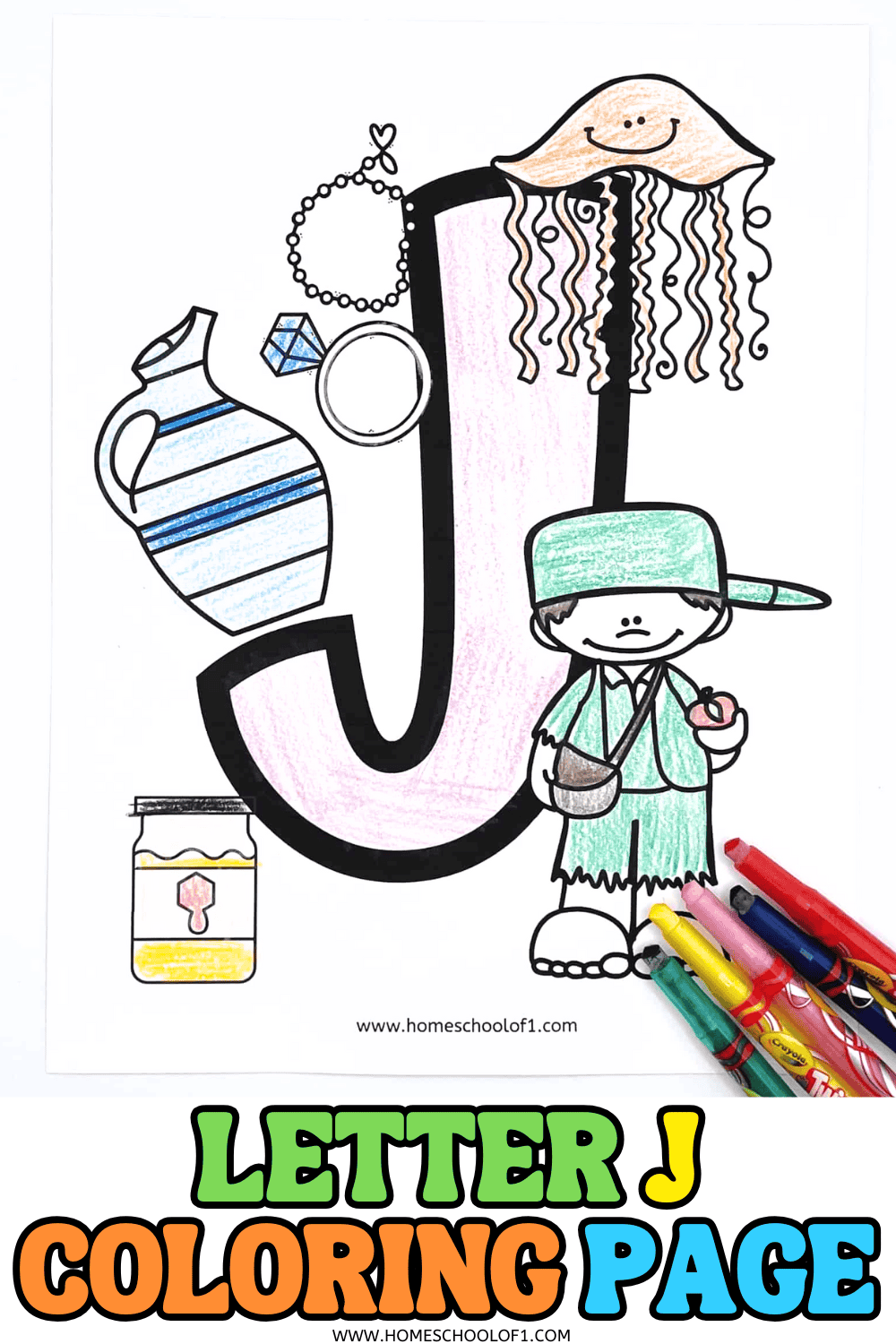 Printable letter J coloring sheet for preschool featuring alphabet J with pictures of jam, jug, jewelry, jellyfish, and Johnny Appleseed.