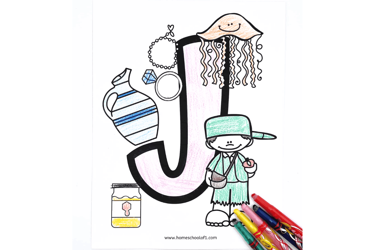 Free letter J coloring page featuring jellyfish, jug, jewelry, jam, and Johnny Appleseed — a fun alphabet worksheet for preschool learning.