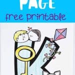 Coloring page featuring the letter 'K' with illustrations of a key, kite, kilt, and kangaroo. The top of the page has the text 'Letter K Coloring Page' and 'free printable' in bold, playful fonts.