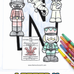 Letter N coloring page with nutcracker, nurse, newspaper, and newt illustrations, partially colored with crayons.