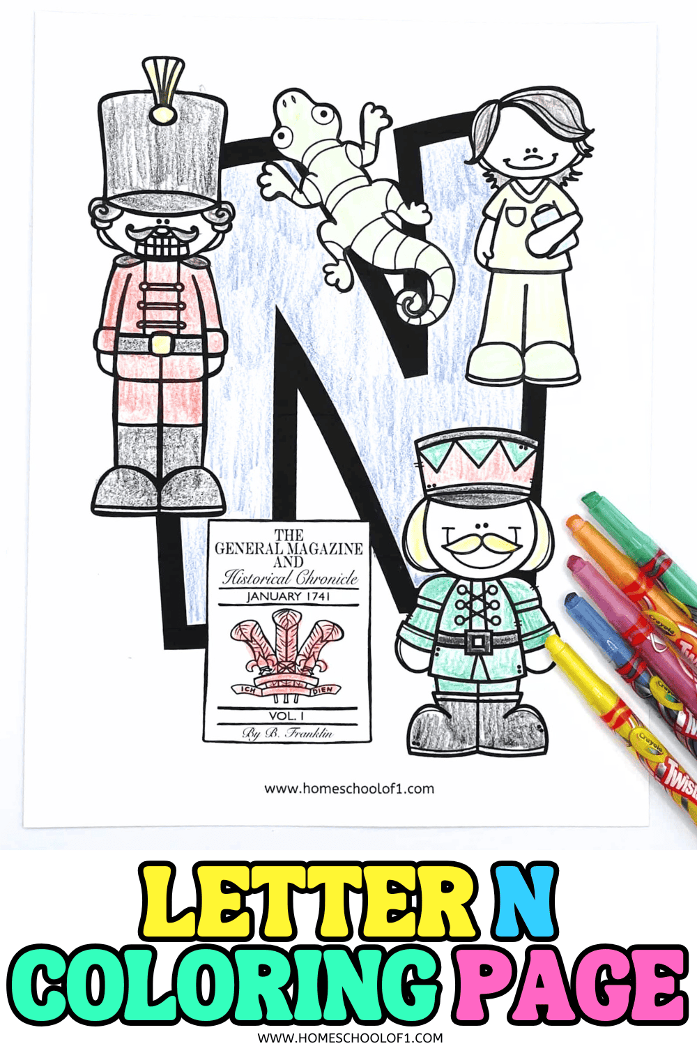 Letter N coloring page with nutcracker, nurse, newspaper, and newt illustrations, partially colored with crayons.

