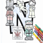 Free printable letter N coloring page featuring nutcracker, nurse, newt, and newspaper on a large bold letter N.