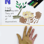 N is for Nest handprint craft with brown painted hands, tree drawing, and colored eggs for preschool letter N activity