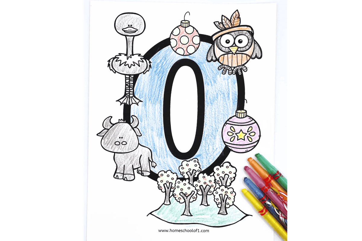 Printable letter O coloring sheet with big uppercase O surrounded by owl, ostrich, ornaments, ox, and orchard pictures.