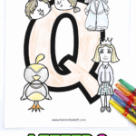 Free letter Q coloring page with a large uppercase Q and pictures of a queen, quail, and children asking a question.