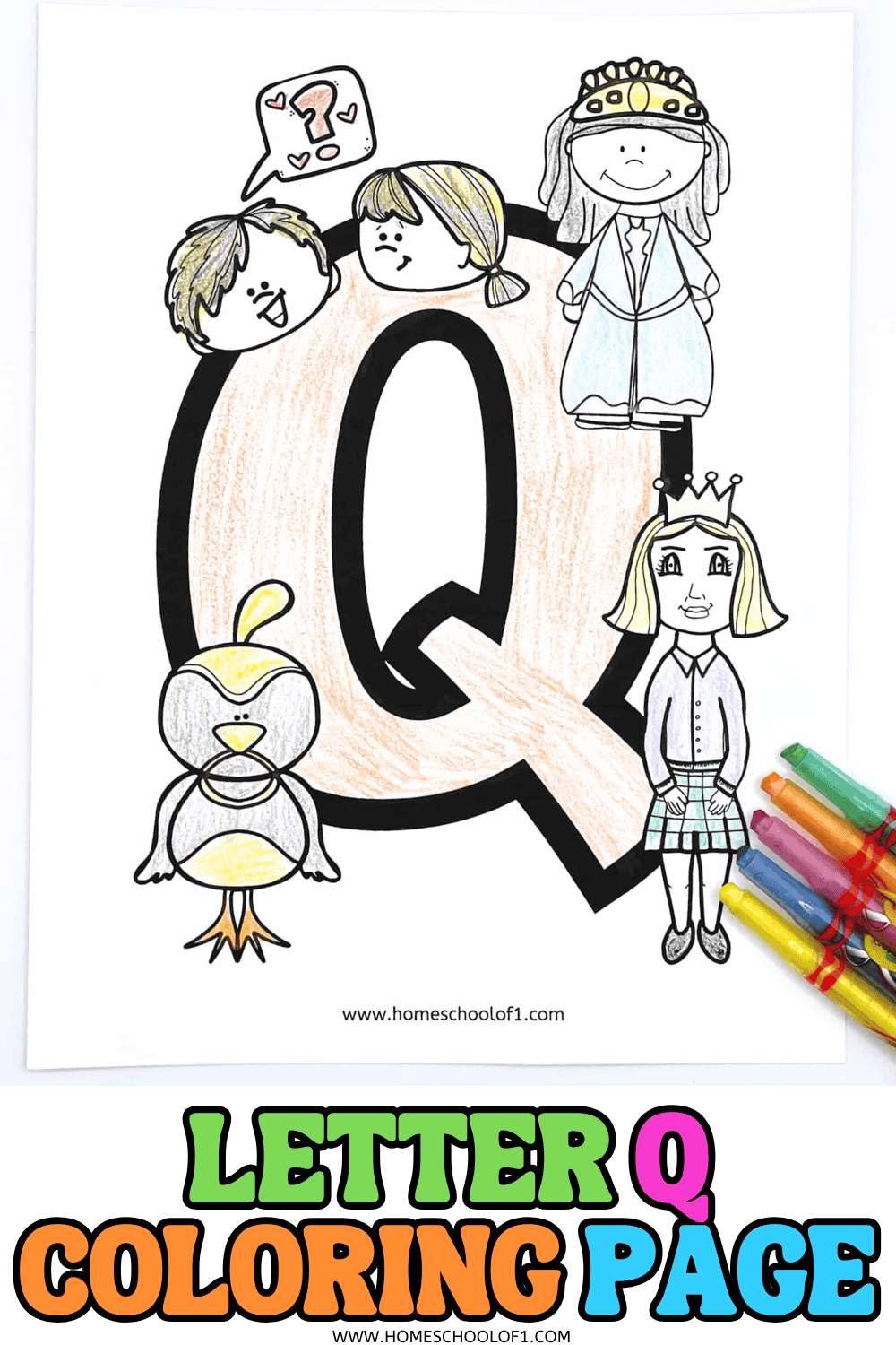 Free letter Q coloring page with a large uppercase Q and pictures of a queen, quail, and children asking a question.