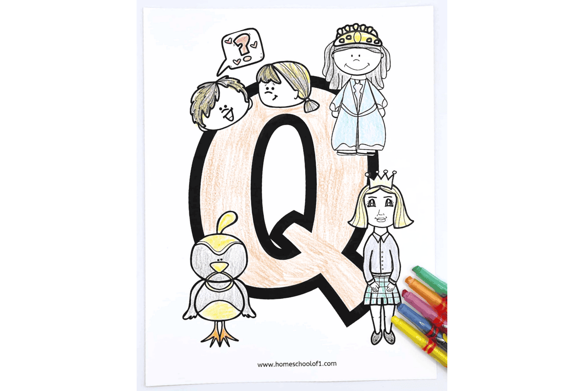 Printable letter Q coloring sheet featuring the uppercase Q with illustrations of a queen, quail, and kids thinking of a question.