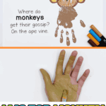 M is for monkey handprint craft with painted hand and printable template featuring a monkey joke and alphabet letter M activity.