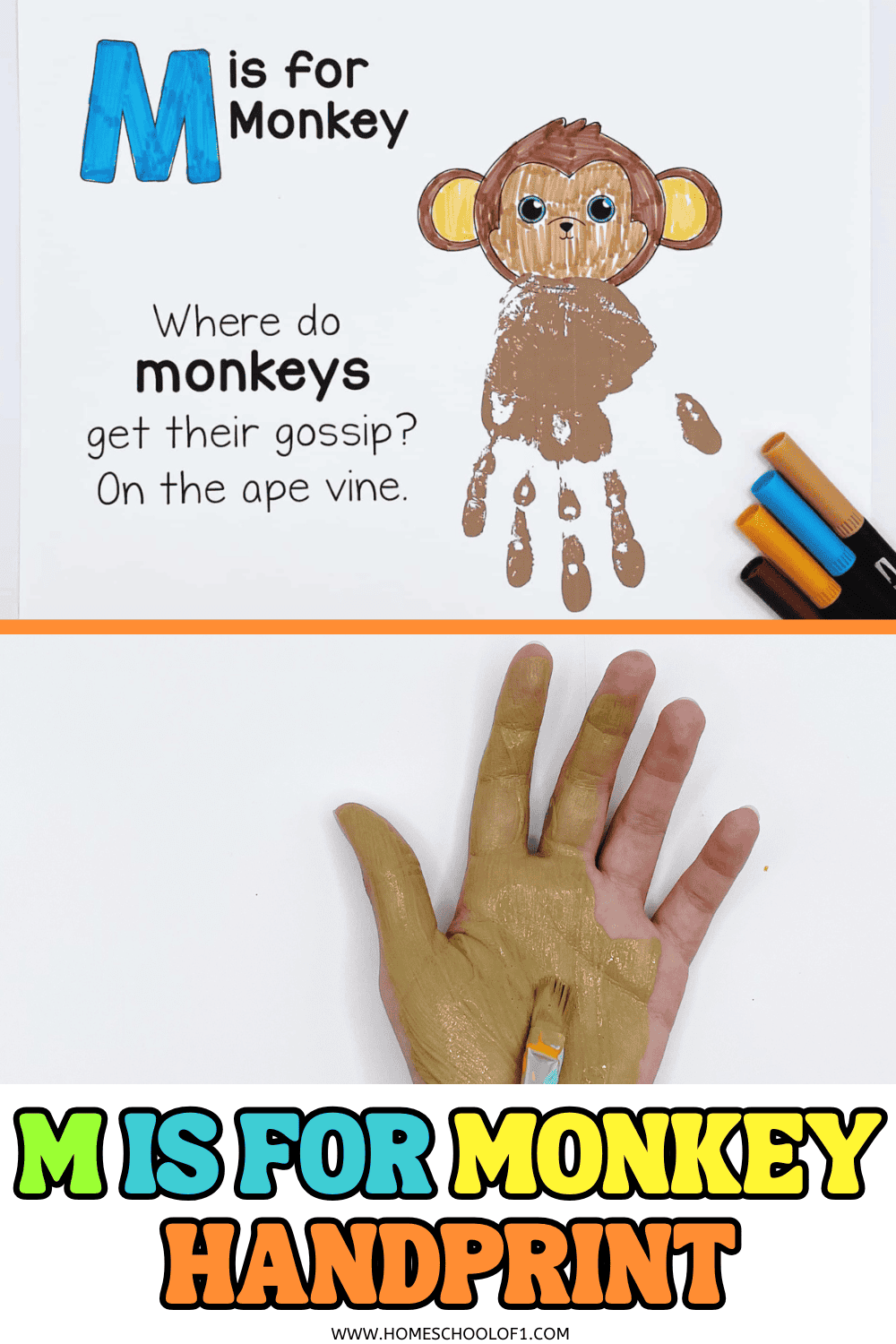 M is for monkey handprint craft with painted hand and printable template featuring a monkey joke and alphabet letter M activity.