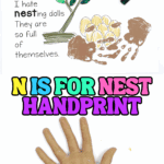 Preschool N is for Nest handprint art featuring brown painted hand and printable with eggs, tree, and funny nesting doll joke