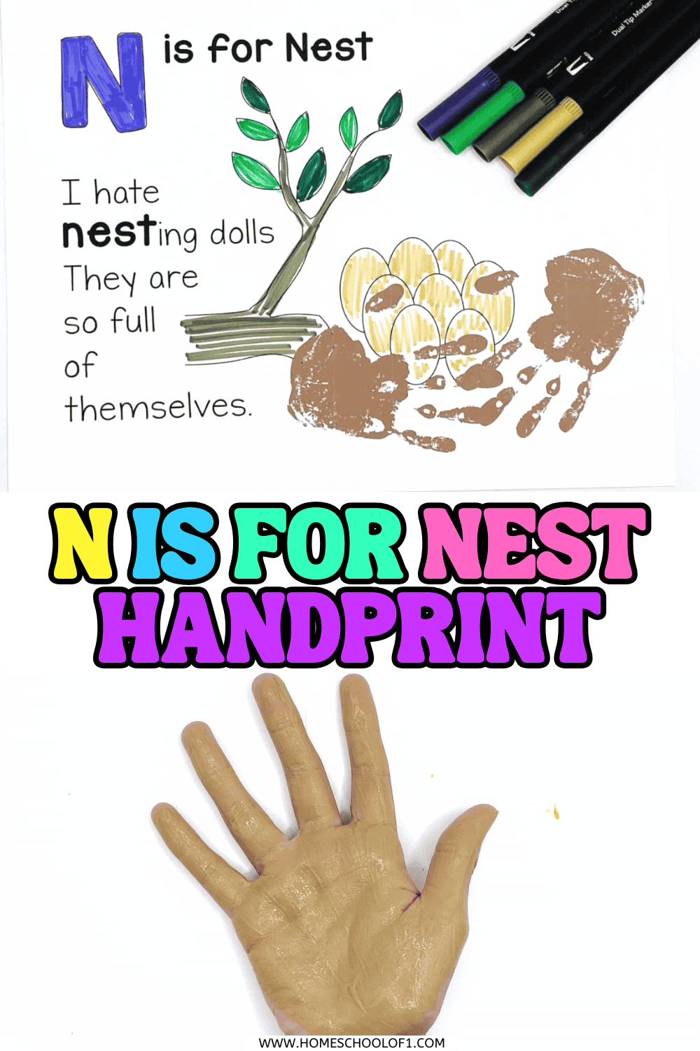 Preschool N is for Nest handprint art featuring brown painted hand and printable with eggs, tree, and funny nesting doll joke