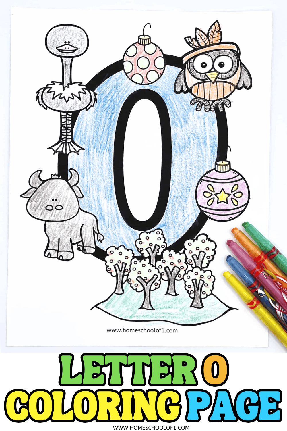 Make learning the alphabet fun with this free letter O coloring page. Kids can color an owl, ostrich, ornaments, an ox, and an orchard while practicing letter recognition and phonics. Perfect for preschool and kindergarten classrooms or homeschool.