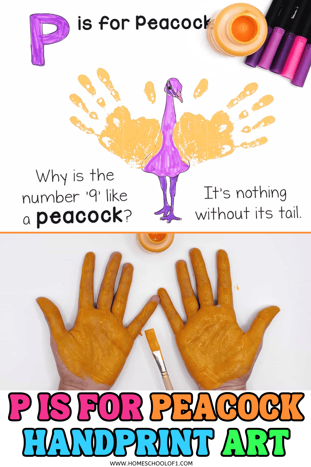Creating p is for peacock handprint art is not only a fantastic way to engage in a fun and colorful crafting activity with children, but it also serves as an innovative approach to learning the alphabet. 

The activity not only aids in alphabet recognition, especially the letter "P", but also in the development of fine motor skills and color recognition.

This alphabet handprint art is perfect for parents, educators, or anyone looking to incorporate creative learning methods into their teaching. It's a fun way to introduce children to the beauty of birds, colors, and the alphabet, all through the tactile and visually stimulating process of handprint painting.

Letter p handprint art

This is such an easy and fun handprint craft and a great way to learn the letter P.

Kids love getting their hands covered in paint, and I have to admit I love it too! It's so much fun allowing the kids to be creative while learning. 

Print out the peacock handprint craft below and have fun.

This free printable letter p handprint worksheet is free to print but is for personal or classroom use only. Scroll to the bottom of the page to get the pdf file.

Supplies needed

cardstock

washable paints

paintbrush

kids glue

googly wiggle eyes (Optional)

Wipes!! It helps to have these handy so you don't make a complete mess of your table!

How to use

Print out the template below, it will print out on one full page. Make sure to check your spam folder if you don’t see it in your emails within 5 minutes.

You can of course print this on normal printer paper, but with all of our crafts, they always look better on cardstock.

Let the kids decide what color handprints they want to use, we have chosen orange for our peacock feathers.

Use a small paintbrush to add a thin layer of paint to their hands. Make sure you have the wipes handy!!

Place their hands with their fingers pointing upwards towards each corner of the page, with their palms on either side of the peacock's body. 

Press down all along their hand to make sure the kid's handprint transfers fully.

Pull your child’s hand off really gently to avoid any smudges.

Let the paint dry completely before coloring in the letter P and the peacock's body.

Fun letter P printables for kids

For even more letter p activities for preschool that I know you are going to love:

Penguin memory game printable: A delightful matching game featuring penguins that can help improve children's memory skills while associating the letter P with penguins.

Penguin handprint craft: This creative activity involves making penguin art using handprints, offering a tactile experience that aids in remembering the letter P through crafting.

Make learning the letter P fun with this free P is for Polar Bear printable! Kids practice tracing, mazes, and problem-solving while reinforcing early literacy skills in an engaging way. 

Parts of a penguin worksheet: An educational worksheet that teaches children about the anatomy of penguins, linking the letter P to a real-world example and enriching their vocabulary.

Free printable letter P coloring page: A coloring activity focused on the letter P, allowing children to practice letter recognition and fine motor skills in a relaxing way.

Pirate coloring sheets: These coloring sheets featuring pirate-themed illustrations not only engage children in the fun world of pirates but also subtly reinforce the letter P.

Planet matching game printable: An engaging game that challenges kids to match planets, which can expand their knowledge of the solar system while associating the letter P with planets.

Pirate memory game printable: Another memory-enhancing game with a pirate theme, it strengthens memory recall and association skills, making the learning of the letter P enjoyable.

Planet coloring pages: Coloring pages that feature various planets to not only spark curiosity about space but also help in reinforcing the letter P through the theme of planets.

Letter P Worksheets: A series of worksheets focused on the letter P, designed to improve children's writing, recognition, and sound association skills through various exercises.

Get the free peacock handprint template here!

If you want to grab all of the letters of the alphabet in one place, you can purchase them here for a small fee. Or for a massively discounted price grab these handprint alphabet printables along with our new alphabet coloring pages in our 52-page bundle.

If you don’t see the form below, click here to get the free p is for peacock handprint.