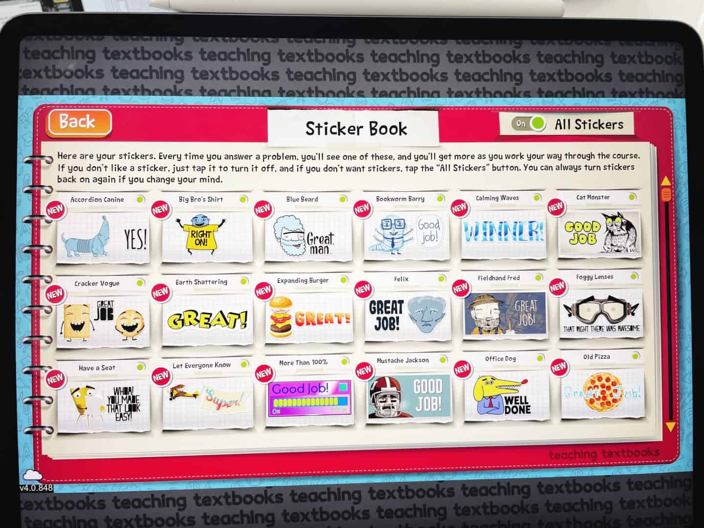 teaching textbooks stickers