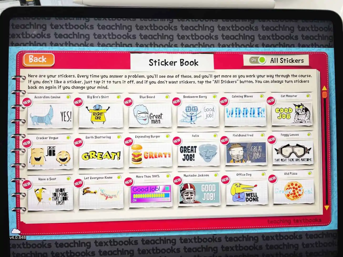teaching textbooks stickers