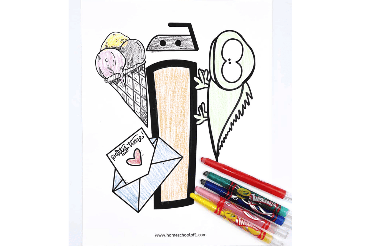 Coloring page featuring a large letter I with an iron, iguana, ice cream cone, and invitation illustration for kids.