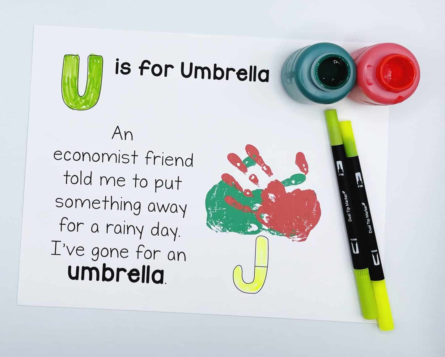 u is for umbrella with paints and coloring pens