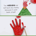 Printable V is for Volcano handprint craft for kids, featuring a red painted hand as lava erupting from a colored volcano template.