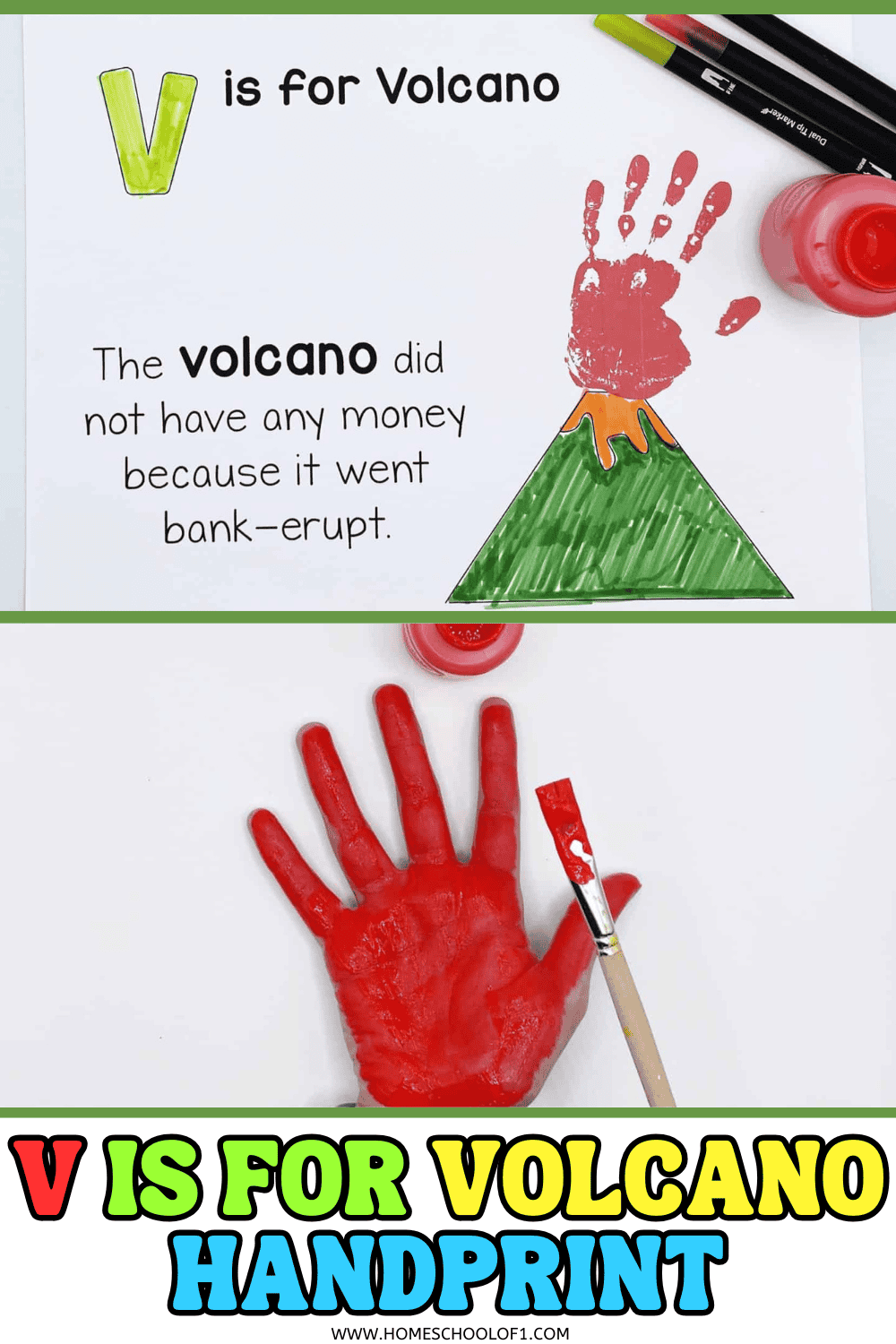 Printable V is for Volcano handprint craft for kids, featuring a red painted hand as lava erupting from a colored volcano template.