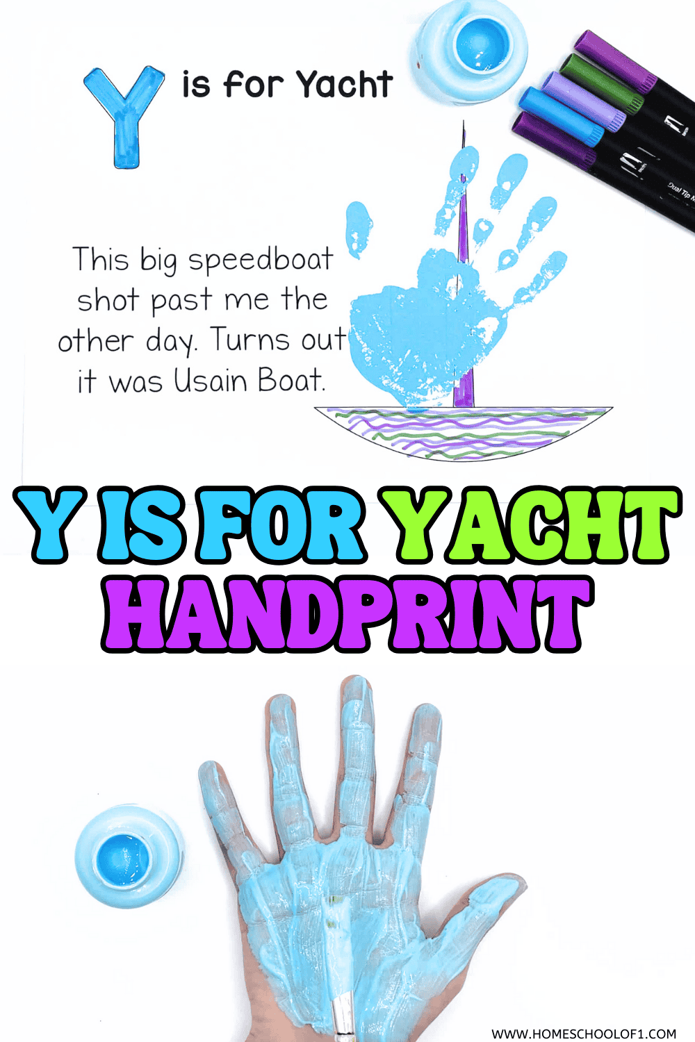 Y is for Yacht handprint craft for preschool kids – painted handprint turned into a yacht with sail, markers, and blue paint.