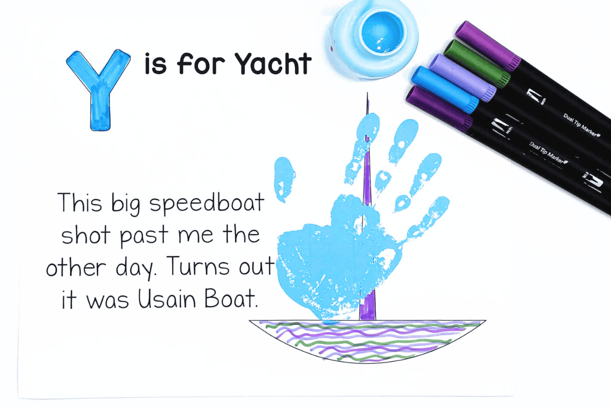 Y is for Yacht handprint craft – blue painted handprint forms the sail on a yacht coloring template with purple and green marker details, shown with paint pot and markers.