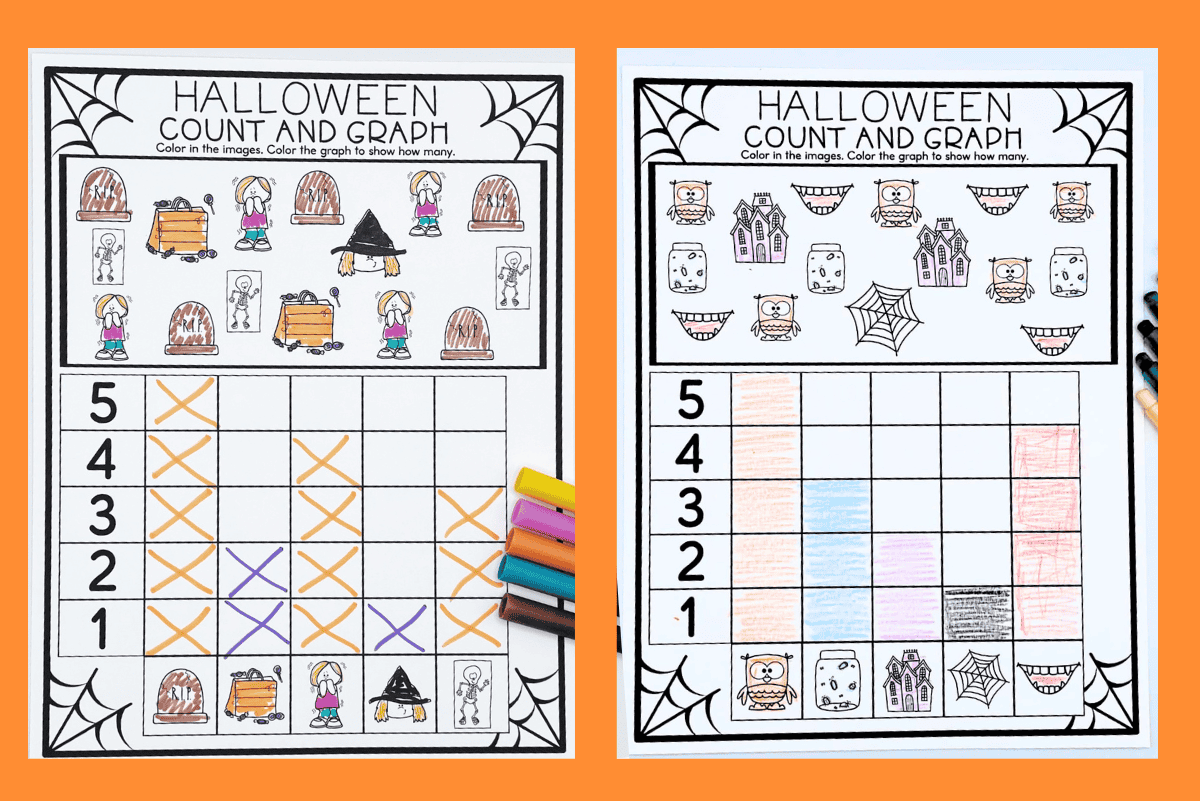 Two completed Halloween-themed “Count and Graph” worksheets side by side on an orange background. Each worksheet features spooky icons like gravestones, witches, candy jars, and monsters, with corresponding bar graphs filled in using colored markers. A small bundle of colorful markers lies next to the left sheet for added detail.