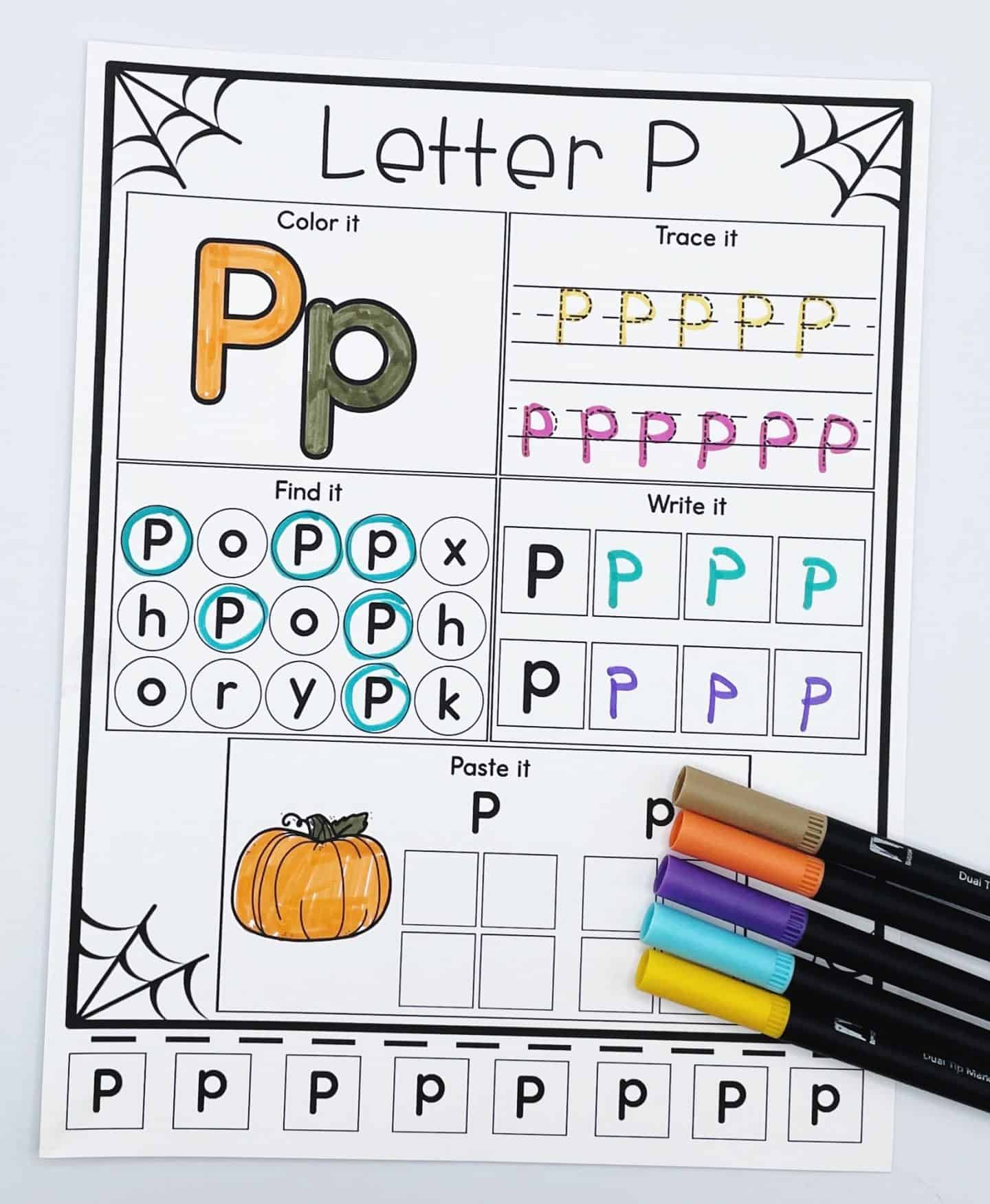 Halloween letter p alphabet worksheet with color the letter p, trace it, find it, write it, and paste it. Plus color in a pumpkin. 