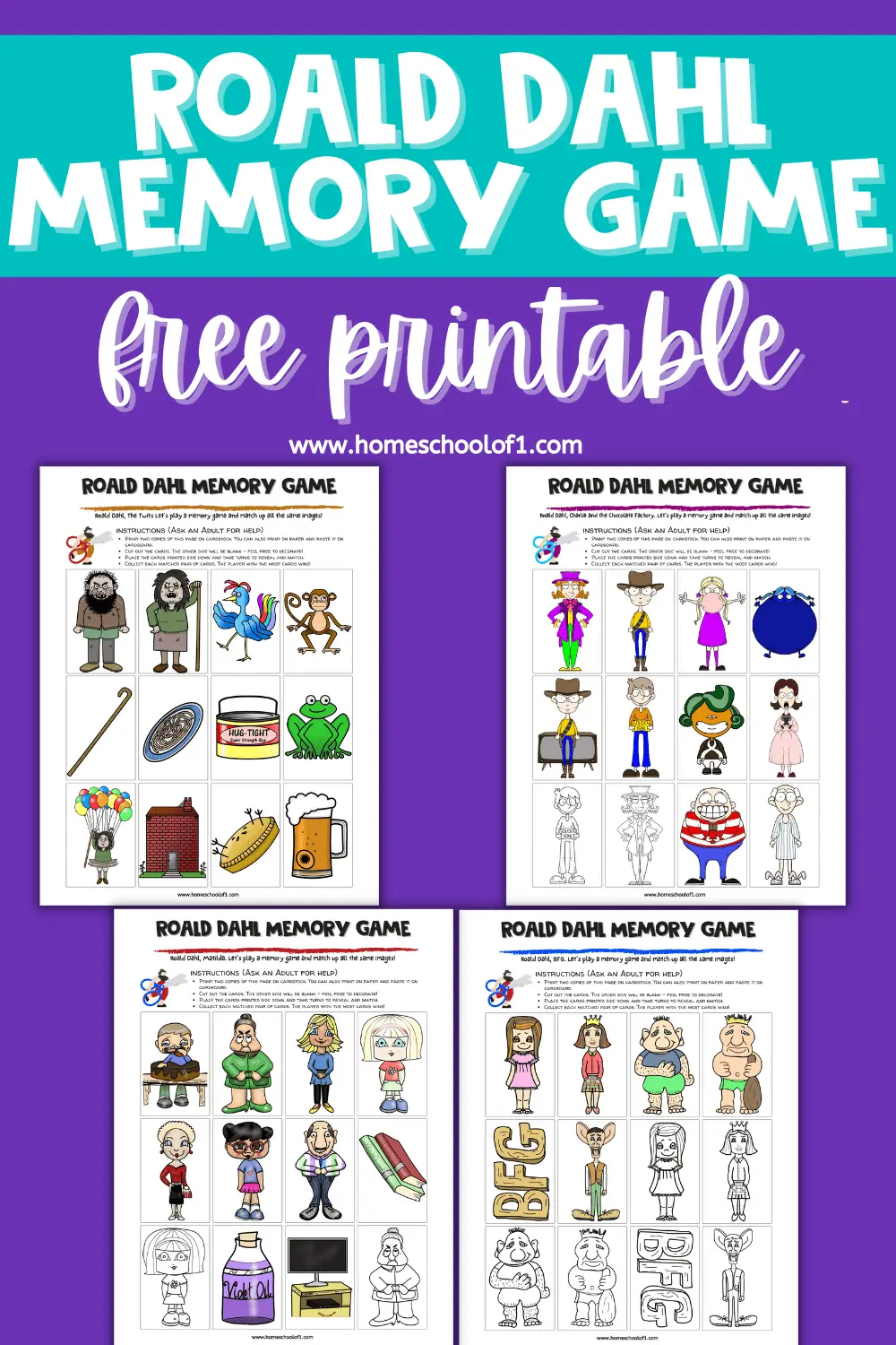 Roald Dahl memory game free printable