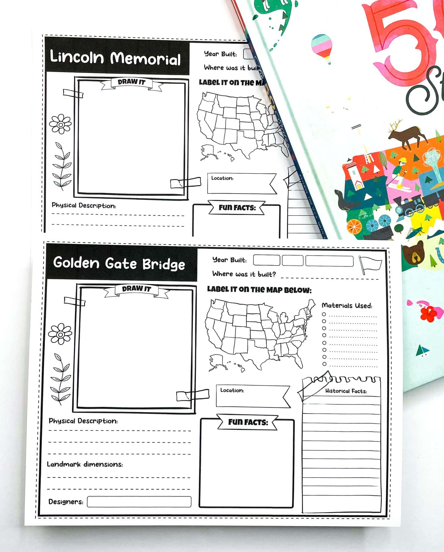 Two printable U.S. landmark worksheets for kids featuring the Lincoln Memorial and the Golden Gate Bridge. Each page includes a blank box for drawing, a U.S. map for labeling the location, and sections for year built, where it was built, materials used, physical description, landmark dimensions, designers, fun facts, and historical facts. The worksheets are styled with decorative flower and leaf illustrations and placed next to a colorful “50 States” book.

