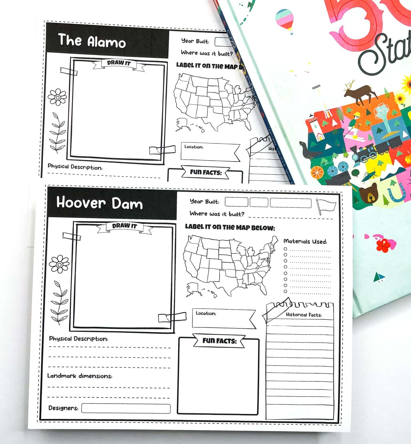 Two printable U.S. landmark worksheets for kids featuring The Alamo and Hoover Dam. Each worksheet includes a section to draw the landmark, label it on a U.S. map, and fill in information such as the year built, location, materials used, physical description, landmark dimensions, designers, fun facts, and historical facts. The pages are styled with floral and leaf doodles and placed next to a colorful illustrated book titled “The 50 States.”

