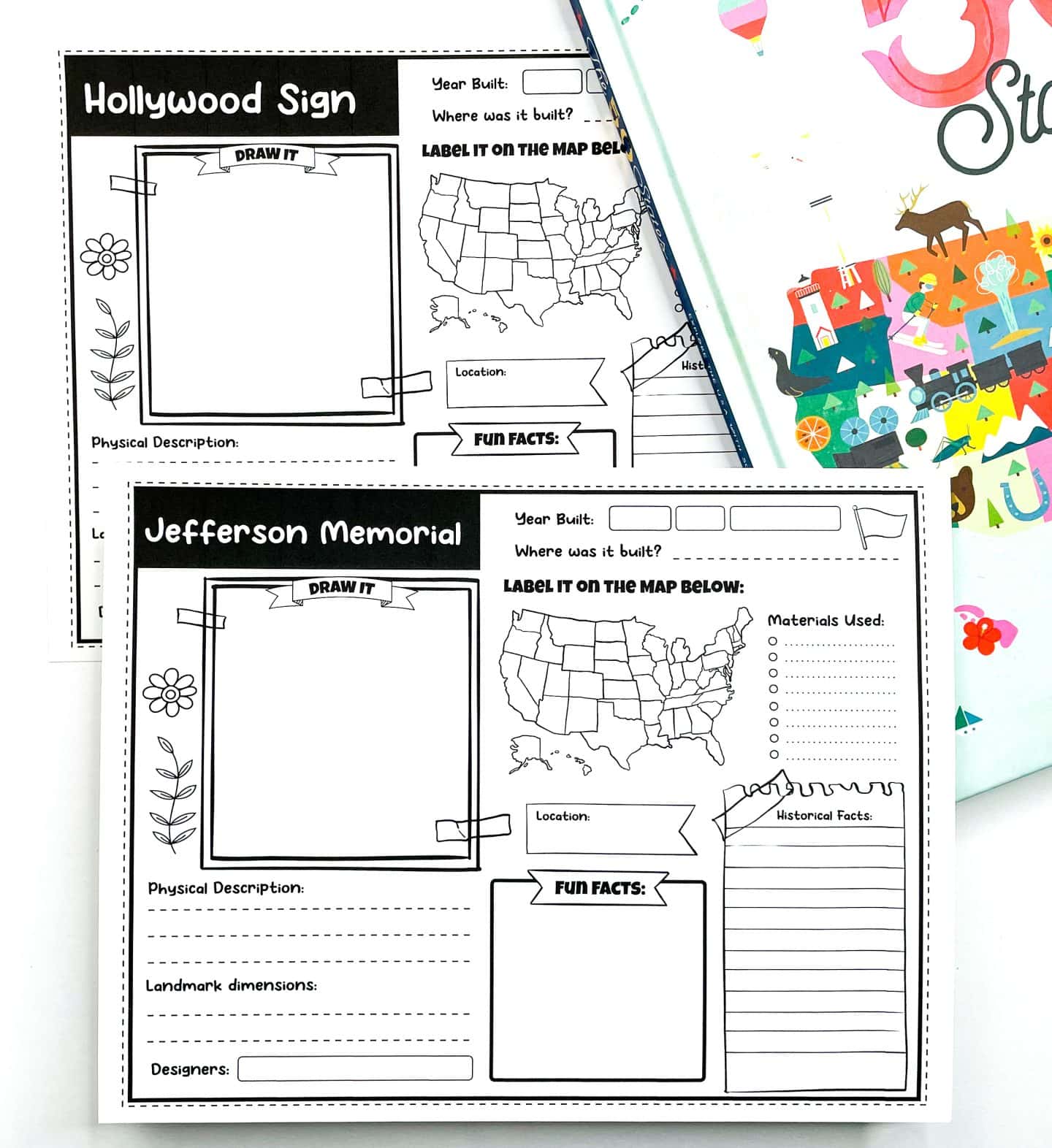 Two printable educational worksheets for kids focused on U.S. landmarks: the Hollywood Sign and the Jefferson Memorial. Each worksheet includes a blank box to draw the landmark, a U.S. map for labeling its location, and sections to fill in physical description, materials used, year and place built, landmark dimensions, designers, fun facts

