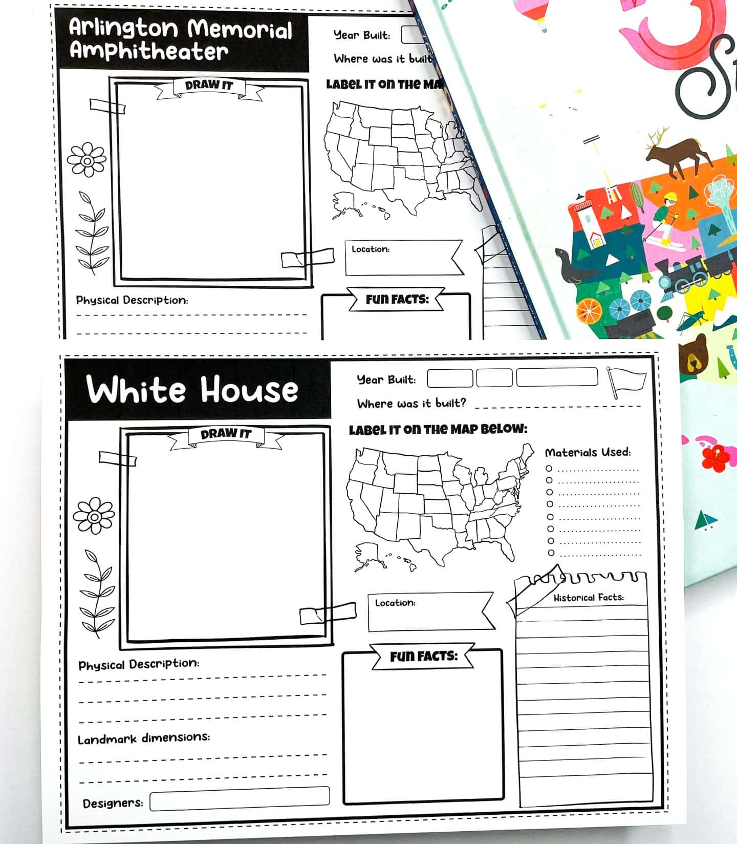 Two printable U.S. landmark worksheets for kids featuring the Arlington Memorial Amphitheater and the White House. Each worksheet includes a drawing area, a U.S. map to label the location, and fill-in sections for the year built, materials used, physical description, landmark dimensions, designers, fun facts, and historical facts. The pages are laid out beside a colorful illustrated book titled “The 50 States.”

