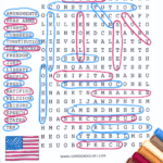 Colorful "Bill of Rights Word Search" puzzle with terms like "amendments," "bear arms," "freedom," and "due process" listed on the left and circled within the grid; words are outlined in pink or blue, with a U.S. flag graphic and red-white-blue pencils in the bottom right. The background includes a justice scale and scroll illustration.