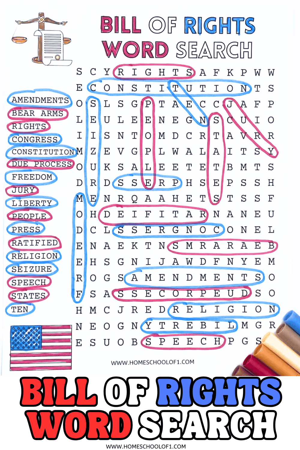 Colorful "Bill of Rights Word Search" puzzle with terms like "amendments," "bear arms," "freedom," and "due process" listed on the left and circled within the grid; words are outlined in pink or blue, with a U.S. flag graphic and red-white-blue pencils in the bottom right. The background includes a justice scale and scroll illustration.