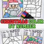 Santa and elf-themed Christmas color by number worksheets with vibrant coloring and number guides.