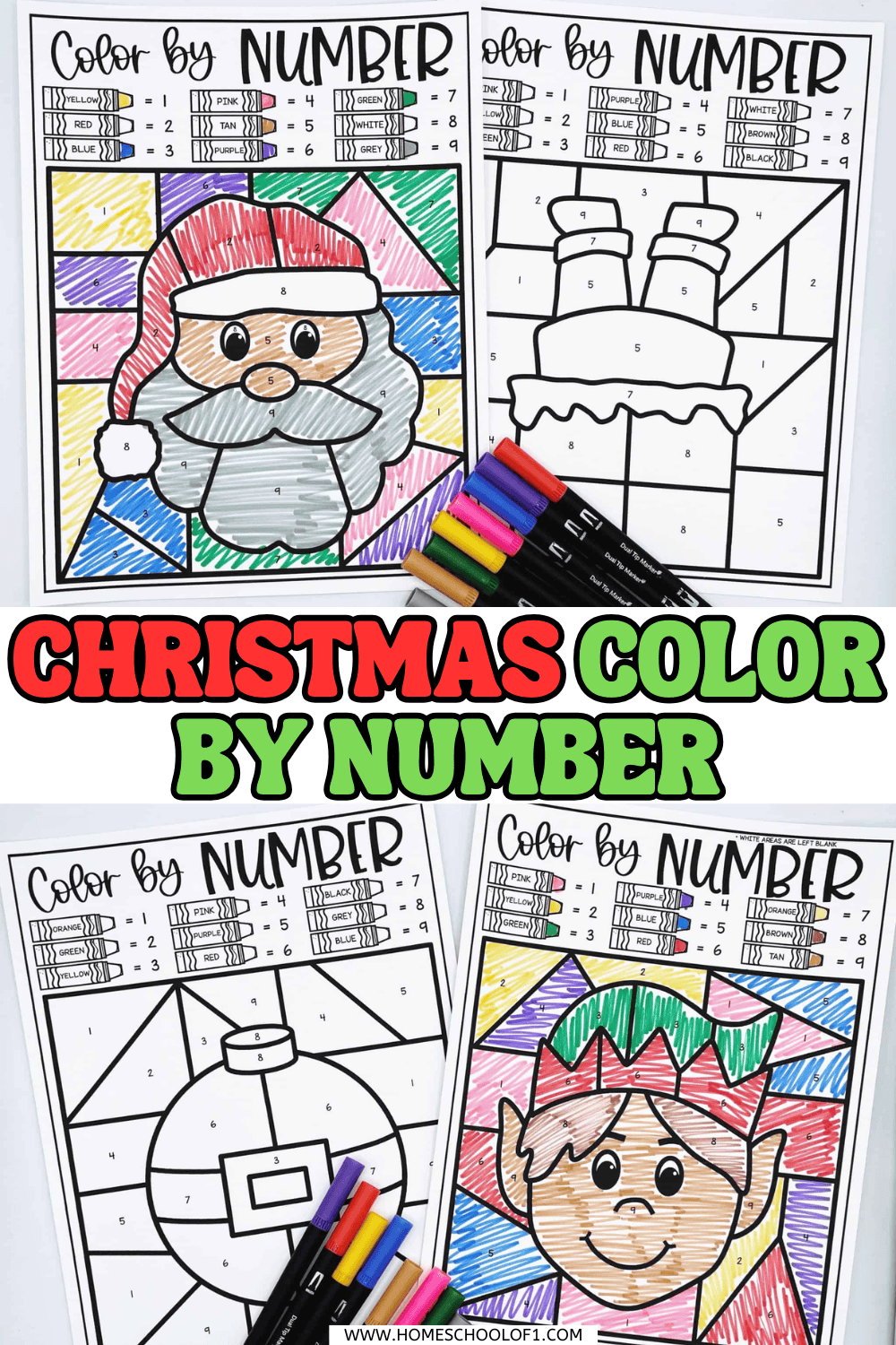 Santa and elf-themed Christmas color by number worksheets with vibrant coloring and number guides.

