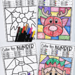 Free printable Christmas color by number pages with reindeer, holly, and ornament designs.