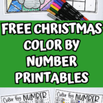 Set of four Christmas color by number worksheets with Santa, reindeer, elf, and ornament illustrations.