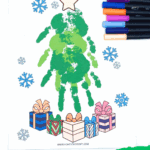 Printable Christmas tree handprint craft featuring green handprints, colorful presents, and snowflake decorations.