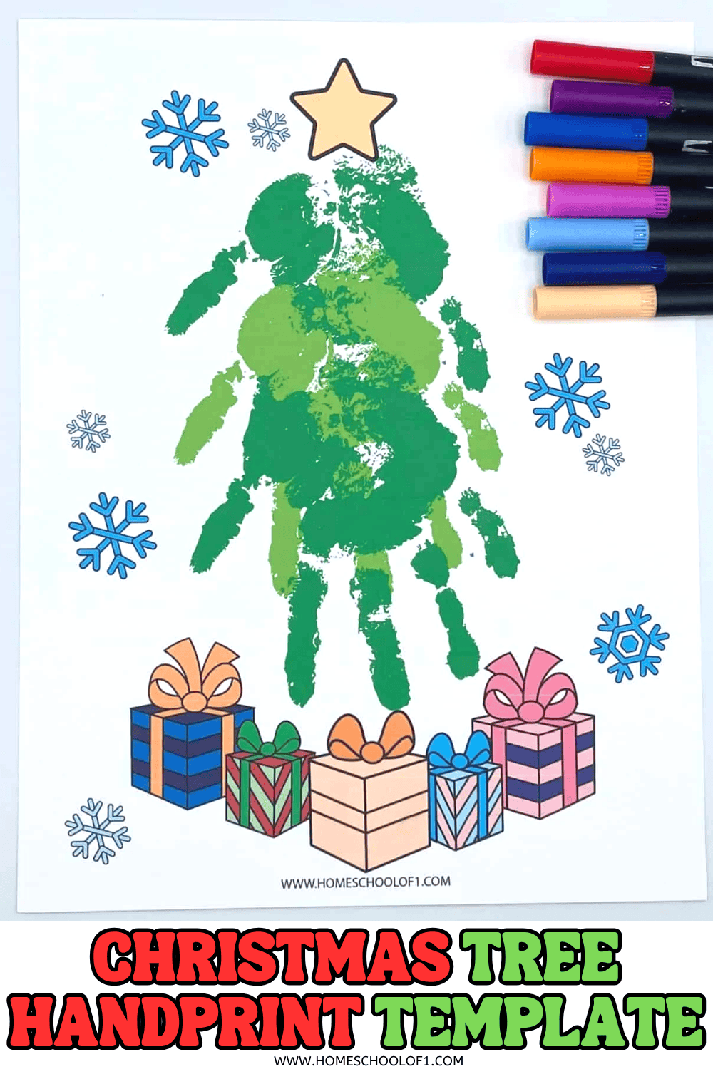 Finished Christmas tree handprint art using green paint on a printable template with gifts and snowflakes.

