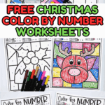 Colorful Christmas color by number printables with crayons, featuring Santa, chimney, and elf scenes.