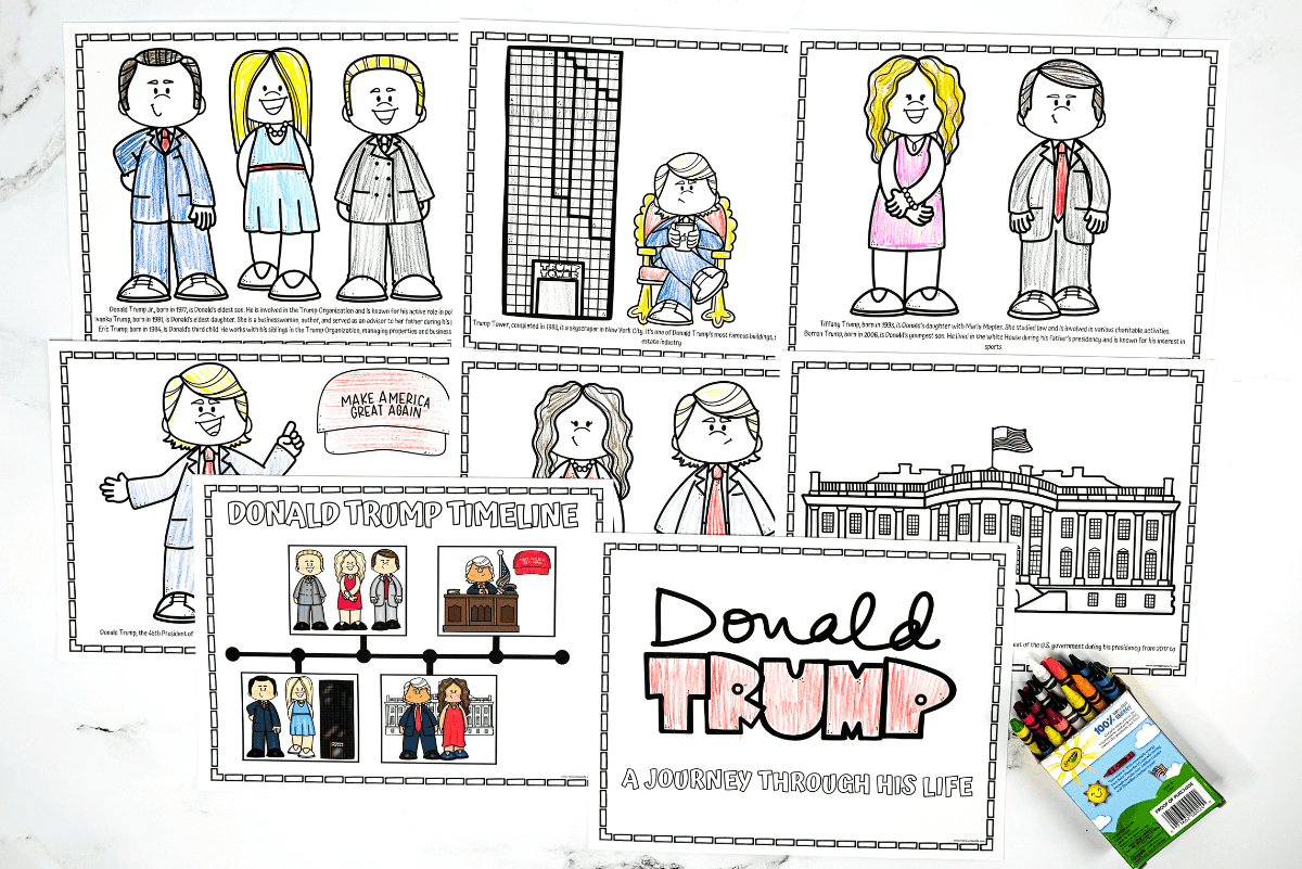 A collection of printable Donald Trump worksheets includes cartoon-style coloring pages that depict scenes from his childhood, business career, presidency, and family life. One page shows a timeline titled Donald Trump Timeline, while another features the White House. A Crayola crayon box is placed beside the worksheets, some of which have been partially colored.