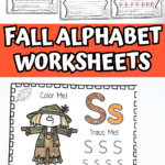 Mixed fall alphabet worksheets with acorns, pumpkins, scarecrows, and turkeys showing trace, write, and color sections.