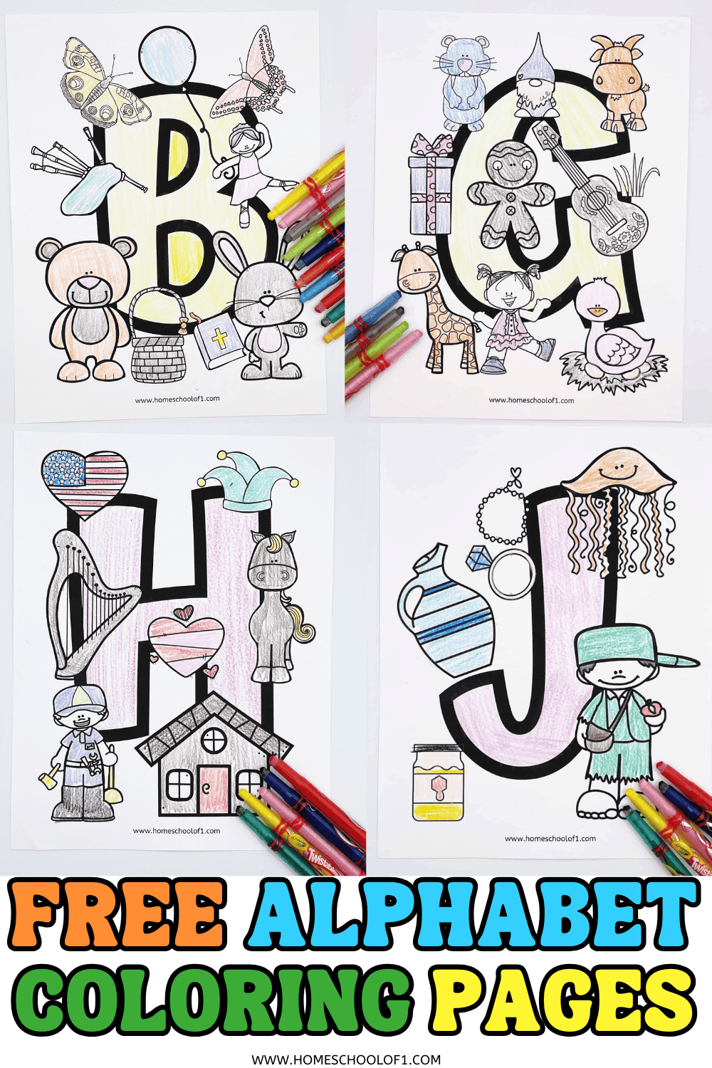 Free alphabet coloring pages featuring letters B, G, H, and J with themed illustrations like bear, guitar, heart, and jellyfish.