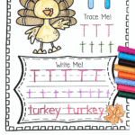 Letter T fall worksheet with a turkey to color, tracing uppercase and lowercase T, and writing the word "turkey" below.