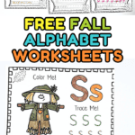 A full collage of fall alphabet printables including letters A to T with themed fall illustrations for tracing and coloring.